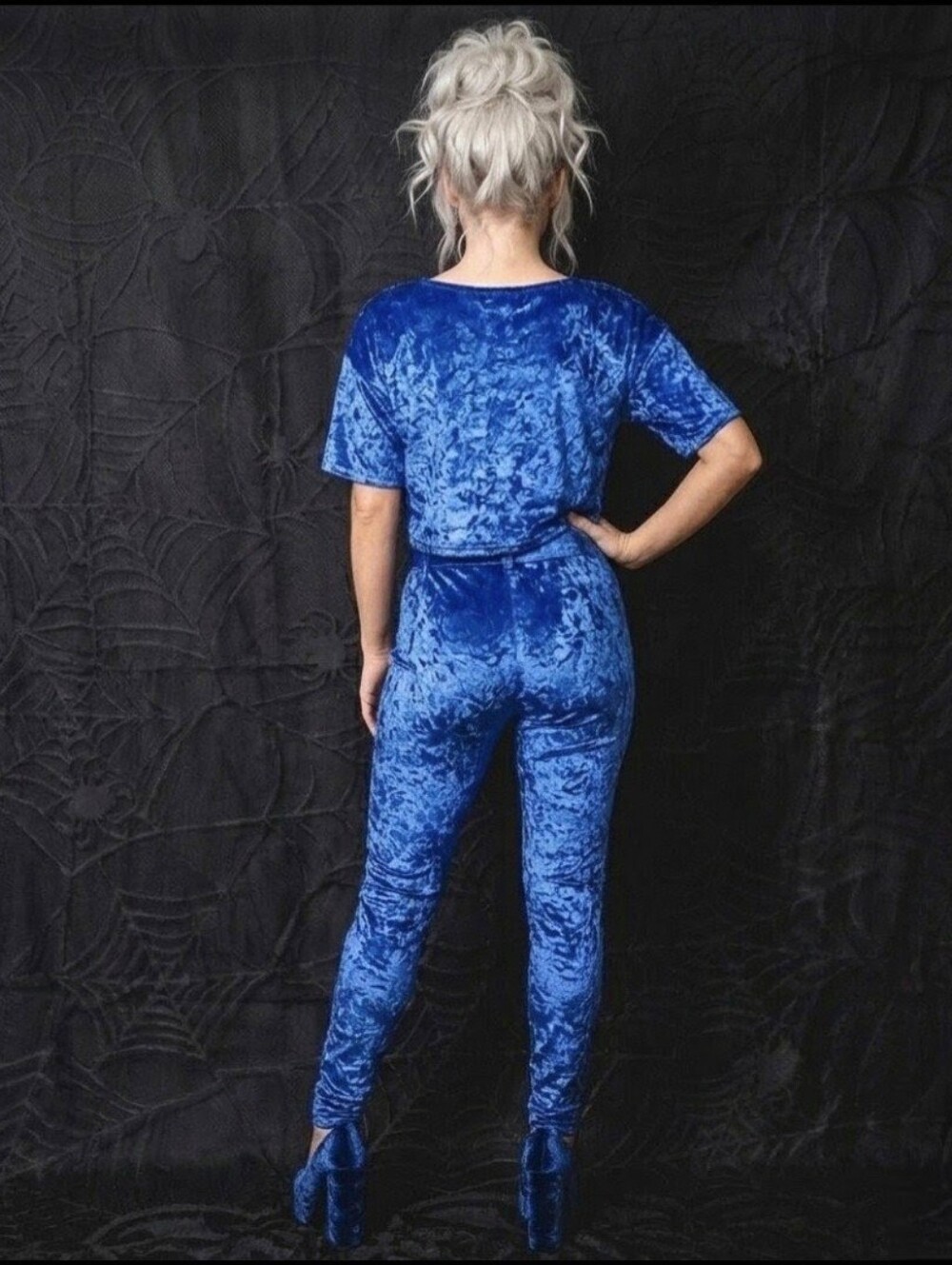 Vtg 90s Secret Treasures  blue sateen crop top High Waist Pant loungewear set L - Picture 5 of 17